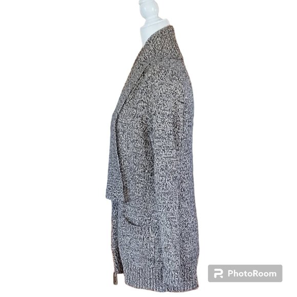 Heathered Open Front Neutral Cardigan Long Sweater Shawl Collar Patch Pockets - Picture 3 of 11